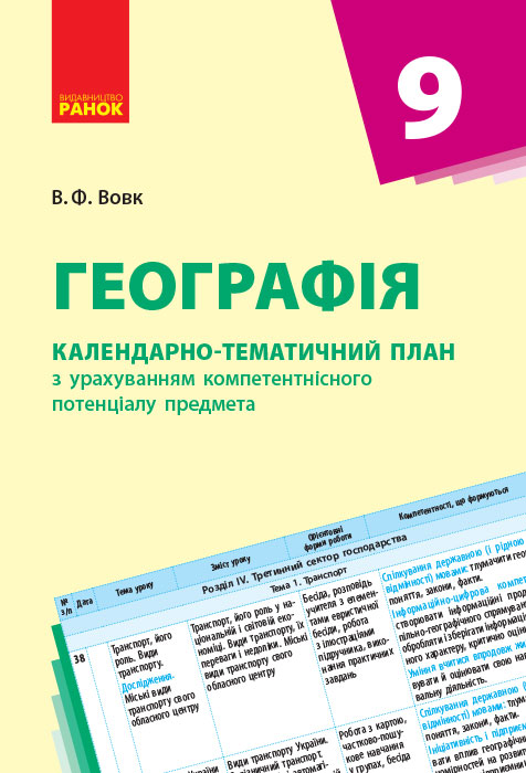 Географія. 9 клас. Календарно-тематичний план з урахуванням компетентнісного потенціалу предмета  Вовк В.Ф.