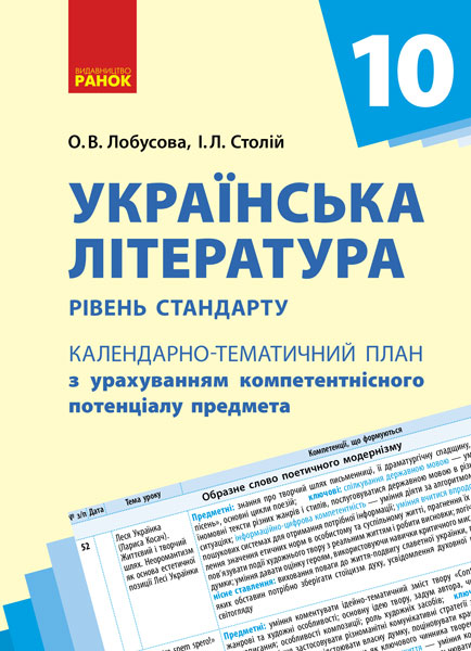 КТП   Укр. література 10 клас Рівень стандарту О. В. Лобусо­ва, І. Л. Столій