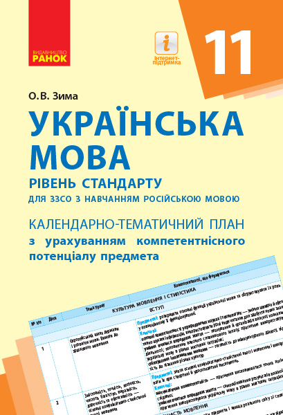 Українська мова (рівень стандарту). 11 клас. Календарно-тематичний план з урахуванням компетентнісного потенціалу предмета (з навчанням російською мовою) Зима Є.В.