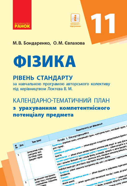 КТП   Фізика 11 клас  Рівень стандарту Бондаренко М. В., Євлахова О. М.